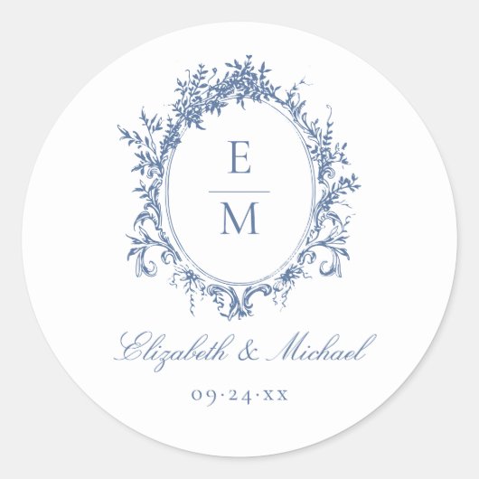  Crest Monogram Botanisch Blauw Huwelijk Ronde Sticker (Voorkant)