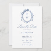 Crest Monogram Botanisch Blauw Huwelijk Save The Date (Voorkant)