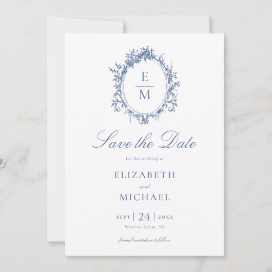  Crest Monogram Botanisch Blauw Huwelijk Save The Date (Voorkant)