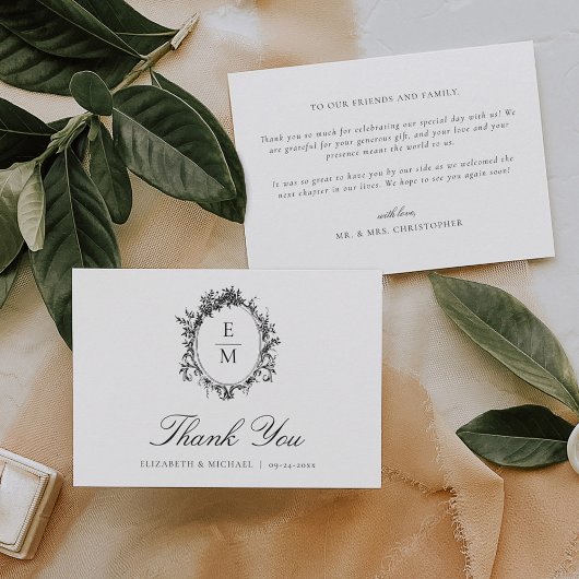 Crest Monogram Botanische bruiloft Bedankkaart