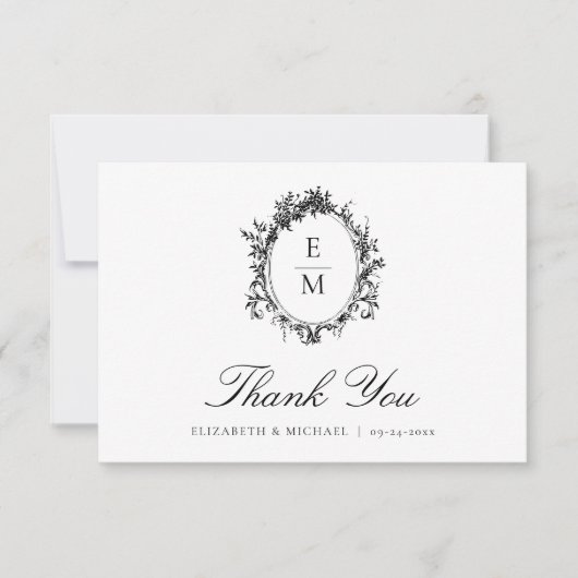 Crest Monogram Botanische bruiloft Bedankkaart (Voorkant)