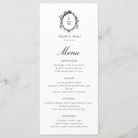 Crest Monogram Botanische bruiloft Menu (Voorkant)