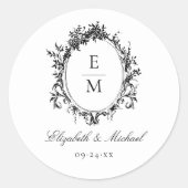  Crest Monogram Botanische bruiloft Ronde Sticker (Voorkant)