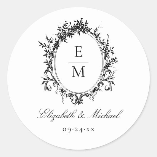 Crest Monogram Botanische bruiloft Ronde Sticker (Voorkant)