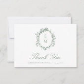 Crest Monogram Botanische Groene Huwelijk Bedankkaart (Voorkant)
