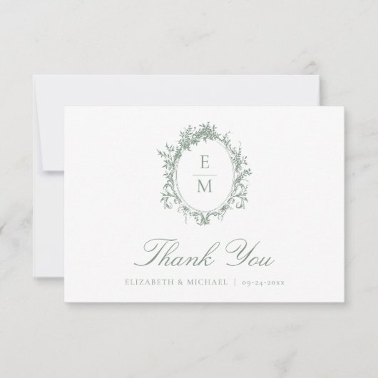  Crest Monogram Botanische Groene Huwelijk Bedankkaart (Voorkant)