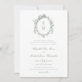 Crest Monogram Botanische Groene Huwelijk Kaart (Voorkant)
