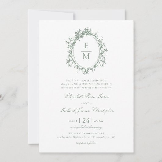 Crest Monogram Botanische Groene Huwelijk Kaart (Voorkant)