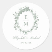 Crest Monogram Botanische Groene Huwelijk Ronde Sticker (Voorkant)