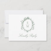  Crest Monogram Botanische Groene Huwelijk RSVP Kaartje (Voorkant)