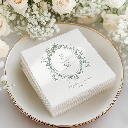 Crest Monogram Botanische Groene Huwelijk Servet