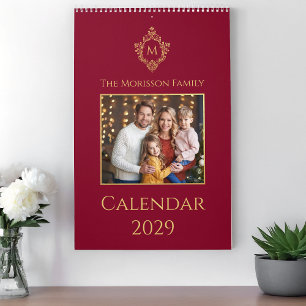Crest Monogram Bourgondië Goud Vintage Familiefoto Kalender