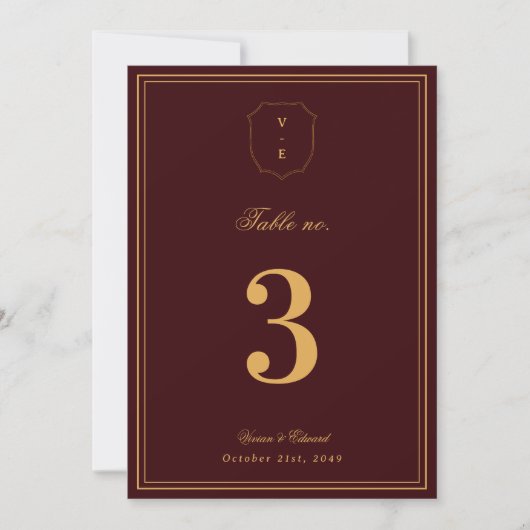 Crest Monogram Burgundy Gold Wedding Table Number Kaart (Voorkant)