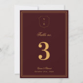 Crest Monogram Burgundy Gold Wedding Table Number Kaart (Achterkant)