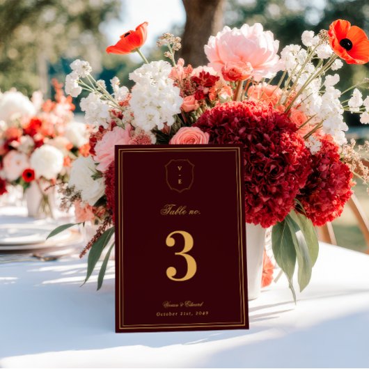 Crest Monogram Burgundy Gold Wedding Table Number Kaart