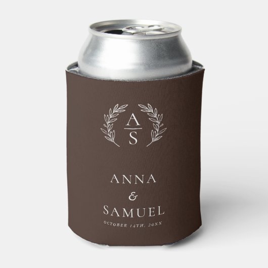 Crest Monogram Chocolade Bruin en Witte Huwelijk Blikjeskoeler (Blikje Voorkant)