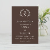 Crest Monogram Chocolade Bruin en Witte Trouw Save The Date (Staand voorkant)