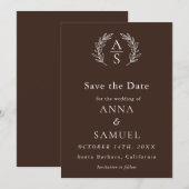 Crest Monogram Chocolade Bruin en Witte Trouw Save The Date (Voorkant / Achterkant)