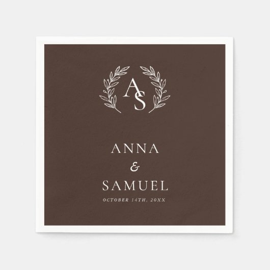 Crest Monogram Chocolade Bruin en Witte Trouw Servet (Voorkant)