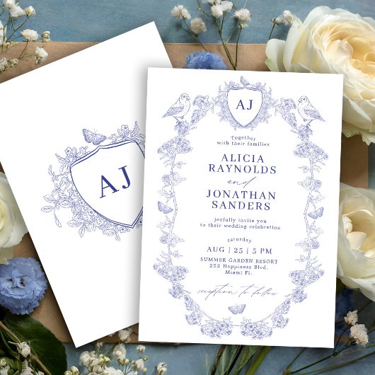Crest monogram classic blue toile de jouy wedding kaart