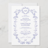 Crest monogram classic blue toile de jouy wedding kaart (Voorkant)