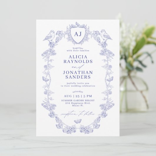 Crest monogram classic blue toile de jouy wedding kaart (Staand voorkant)