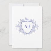 Crest monogram classic blue toile de jouy wedding kaart (Achterkant)