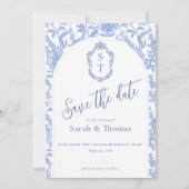 Crest Monogram Delft Blauw Bloemmotief Schrift Save The Date (Voorkant)