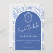 Crest Monogram Delft Blauw Bloemmotief Schrift Save The Date (Voorkant)