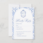 Crest Monogram Delft Blauw Bloemmotief Script RSVP Kaartje (Voorkant)