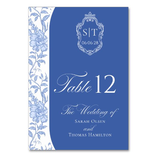Crest Monogram Delft Blue Floral Script Kaart (Voorkant)