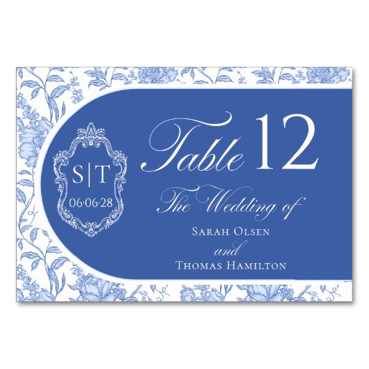 Crest Monogram Delft Blue Floral Script Kaart (Voorkant)