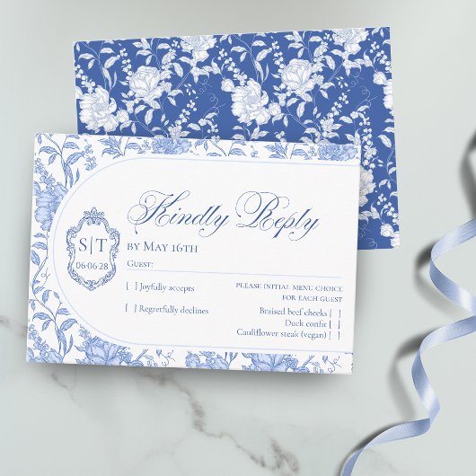 Crest Monogram Delft Blue Floral Script RSVP Kaartje