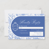 Crest Monogram Delft Blue Floral Script RSVP Kaartje (Voorkant)