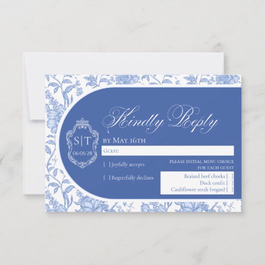 Crest Monogram Delft Blue Floral Script RSVP Kaartje (Voorkant)