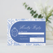 Crest Monogram Delft Blue Floral Script RSVP Kaartje (Staand voorkant)
