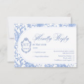 Crest Monogram Delft Blue Floral Script RSVP Kaartje (Voorkant)