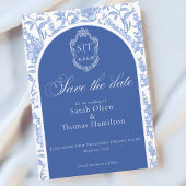 Crest Monogram Delft Blue Floral Script Save The Date