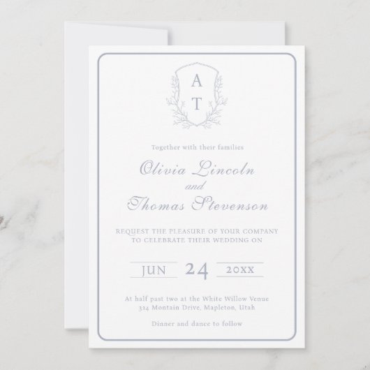 Crest Monogram Deusty Blue Wedding Invitation (Voorkant)