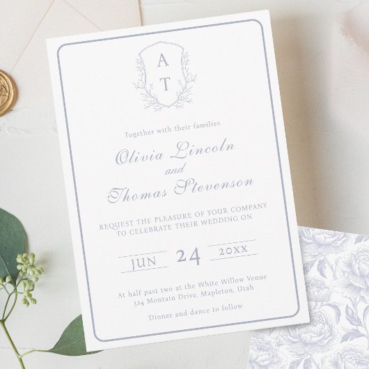 Crest Monogram Deusty Blue Wedding Invitation