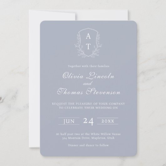 Crest Monogram Deusty Blue Wedding Invitation Kaart (Voorkant)