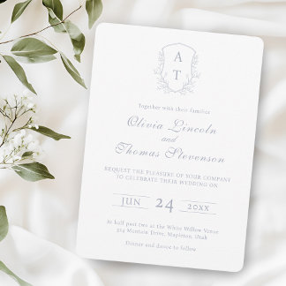 Crest Monogram Deusty Blue Wedding Invitation Kaart