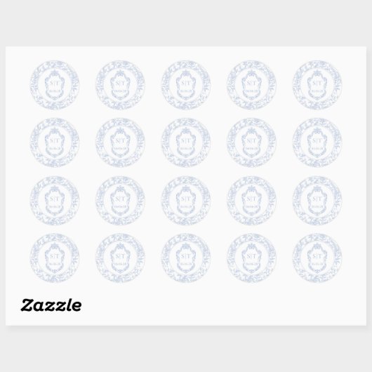 Crest Monogram Dusty Blue Floral Wedding Ronde Sticker (Vel)