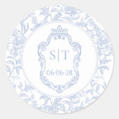 Crest Monogram Dusty Blue Floral Wedding Ronde Sticker (Voorkant)