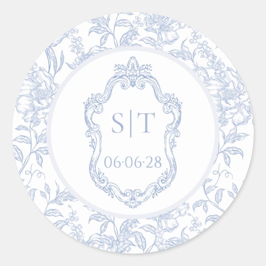 Crest Monogram Dusty Blue Floral Wedding Ronde Sticker (Voorkant)