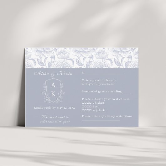 Crest Monogram Dusty Blue Wedding landschap RSVP Kaartje