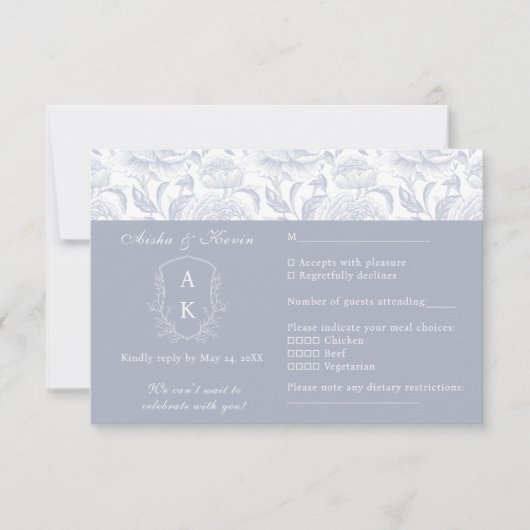 Crest Monogram Dusty Blue Wedding landschap RSVP Kaartje (Voorkant)