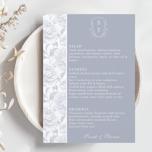 Crest Monogram Dusty Blue Wedding Menu Kaart