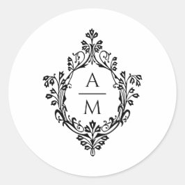 Crest Monogram Elegant Zwart-wit bruiloft Ronde Sticker