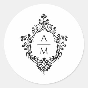 Crest Monogram Elegant Zwart-wit bruiloft Ronde Sticker